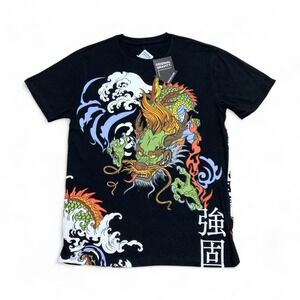 Original Gravity Japanese Dragon Graphic Tee Mens S Black Waves Double-Sided NWT